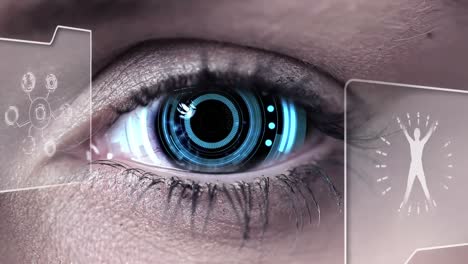 Animation-of-medical-structure,-human-body-in-displays-over-woman-with-digital-scanning-eyeball