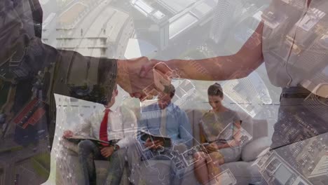 Multiple-exposure-of-caucasian-partners-handshake,-applicants-sitting-on-sofa,-aerial-view-of-city