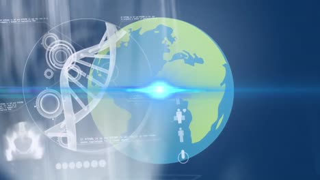 Animation-Von-Licht,-Das-Durch-Einen-Sich-Drehenden-Globus-Mit-DNA-Und-Wissenschaftlichen-Daten-Auf-Blauem-Hintergrund-Geht