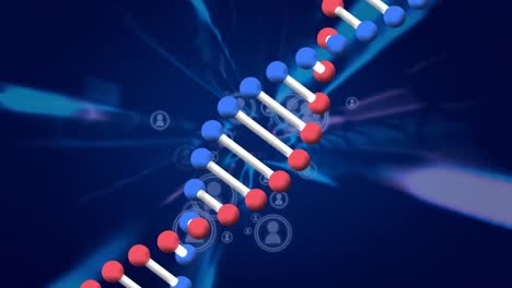 Animation-Einer-Grafischen-DNA-Helix,-Die-Sich-Inmitten-Von-Profilsymbolen-Dreht,-Die-Sich-über-Einen-Abstrakten-Hintergrund-Bewegen