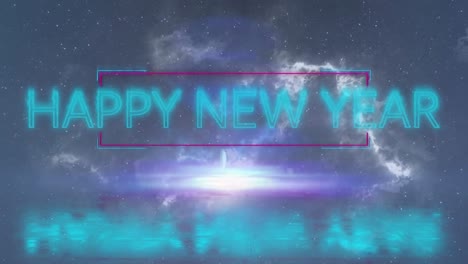 Animation-of-happy-new-year-neon-text-over-smoke-on-dark-background