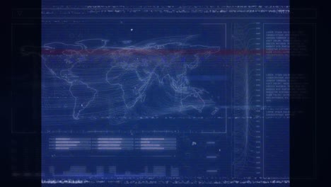 Animation-of-interference-over-world-map-and-data-processing-on-blue-background