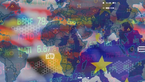 Animation-loop-of-graphical-map-with-british-flag-and-european-union-flag-over-stock-market-ticker