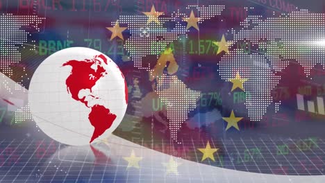 Animation-of-digital-globe,-map,-grid-pattern-and-stock-market-ticker-over-european-union-flag