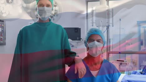Animation-of-flag-of-russia-over-caucasian-female-and-male-doctors-in-face-masks
