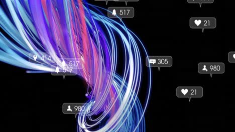 Animation-Von-Social-Media-Reaktionen-über-Rosa-Und-Blaue-Linien-Auf-Schwarzem-Hintergrund