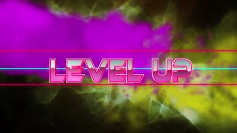 Animation-of-pink-level-up-text-with-colorful-smokes-against-abstract-background