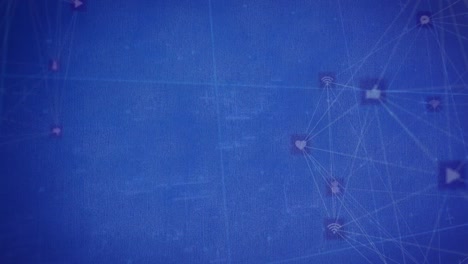 Animation-Blauer-Formen-über-Netzwerke-Von-Verbindungen-Mit-Symbolen-Auf-Blauem-Hintergrund