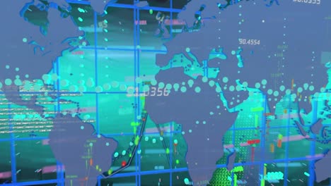 Animation-of-data-processing-with-world-map-on-green-background