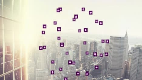 Animation-of-network-of-connections-with-icons-over-cityscape