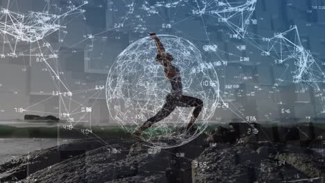 Animation-of-numbers-connecting-the-dots,-spinning-globe-with-caucasian-woman-doing-yoga-at-beach