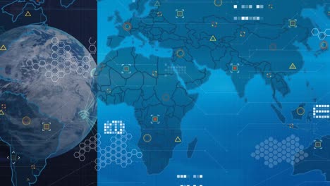 Animation-of-data-processing-with-world-map-and-globe-on-blue-background