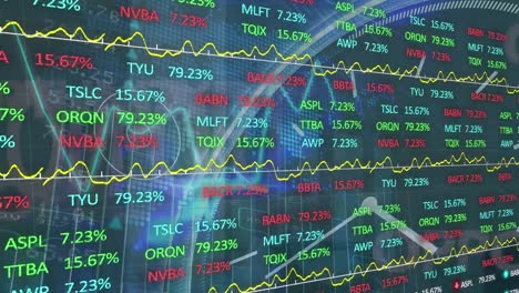 Animation-of-stock-market-over-moving-clock-on-black-background