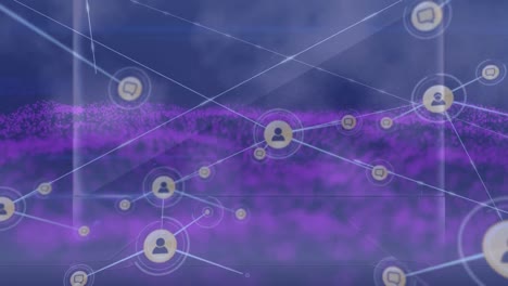 Animation-of-red-spots-over-network-of-connections-with-icons-and-purple-spots-on-black-background