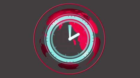 Animation-of-clock-moving-fast-over-red-pattern-and-globe-on-grey-background