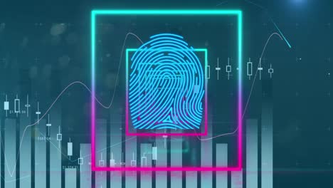 Animation-of-graphs,-data-and-neon-squares-with-fingerprint-on-blue-background