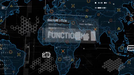 Animation-Der-Datenverarbeitung-über-Der-Weltkarte-Auf-Dunklem-Hintergrund