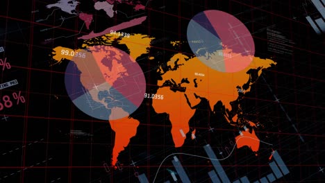 Animation-of-graphs,-data-and-world-map-on-black-digital-screen