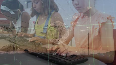 Animation-of-globe-and-electricity-poles-over-diverse-girls-using-computers-at-school