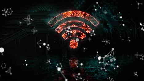 Animation-of-molecules-over-wifi-icon-with-computer-circuit-board-on-black-background
