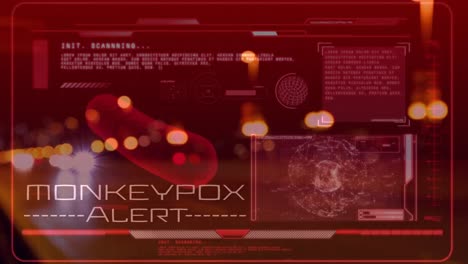 Animation-of-monkey-pox-over-red-digital-screen-with-data-and-virus