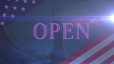Animation-Von-Offenem-Text-Und-Amerikanischer-Flagge-über-Der-Freiheitsstatue