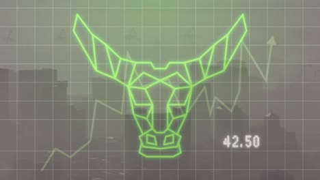 Animation-of-graphs-and-bull-head-over-cityscape