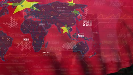 Animation-of-graphical-moving-map-with-hexagonal-shaped-against-china-flag-and-trading-board