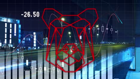 Animation-of-graphs-and-bear-head-over-night-cityscape