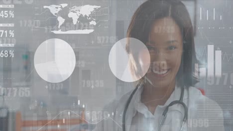 Animation-of-interface-screen-with-charts-and-data-over-portrait-of-smiling-asian-female-doctor