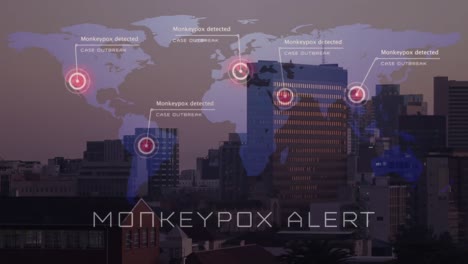 Animation-of-monkey-pox-alert-over-world-map-and-cityscape