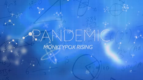 Animation-of-monkey-pox-pandemic-over-molecules,-math-formulas-and-blue-background