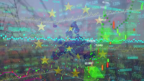Animation-loop-of-digital-moving-progress-graph,-trading-board-and-map-over-european-union-flag