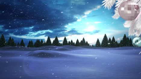 Animation-of-christmas-decorations-over-fir-trees