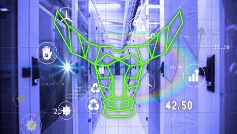 Animation-of-eco-icons-and-bull-head-over-servers