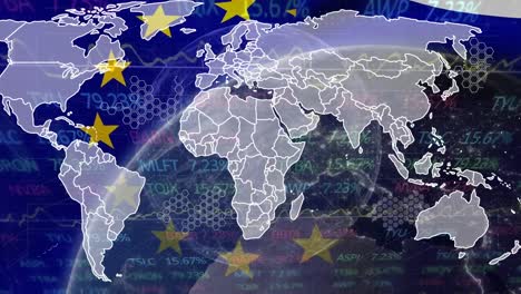 Animation-Einer-Grafischen-Erde-Mit-Flagge-Der-Europäischen-Union,-Karte-Und-Sechseckiger-Form-Vor-Dem-Handelsbrett