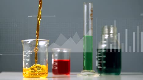 Animation-of-data-processing-over-beakers-with-liquid-on-grey-background