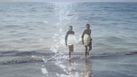 Animation-of-light-reflection-over-happy-african-american-couple-with-surfboards-over-seascape