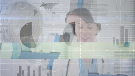 Animation-of-financial-data-and-graphs-over-caucasian-female-doctor-talking-with-patient