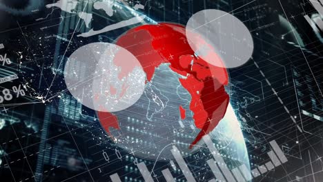 Animation-of-financial-data-processing,-globe-with-red-world-map-on-graphic-interface