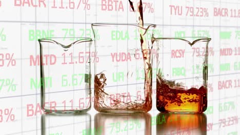 Animation-of-stock-market-over-beakers-with-liquid-on-white-background