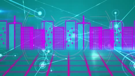 Animation-of-3d-neon-urban-financial-city-on-grids-with-network-connecting-dots-on-digital-interface