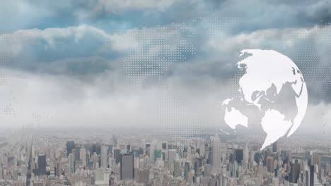 Animation-Eines-Digitalen-Globus-Mit-Weltkarte-über-Luftaufnahme-Des-Stadtbildes-Vor-Wolkengebilde
