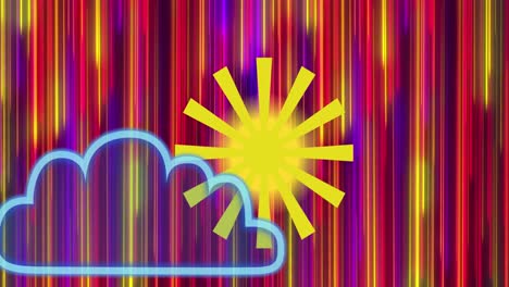 Animation-Von-Sonne-Und-Wolken-über-Gestreiftem,-Farbenfrohem-Hintergrund