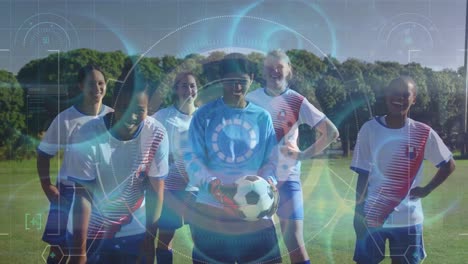 Animation-of-circles-and-speedometer-over-happy-multiracial-female-soccer-players-standing-in-ground