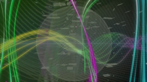 Animation-Eines-Digitalen-Kreises-Und-Mehrfarbiger-Wellenmuster-Vor-Abstraktem-Hintergrund