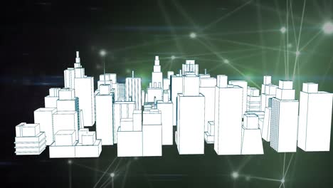 Animation-Einer-3D-städtischen-Finanzstadt-Gegen-Netzwerkverbindungspunkte-Auf-Einer-Digitalen-Schnittstelle
