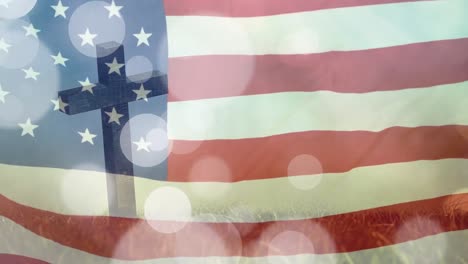 Animation-of-light-spots-over-flag-of-usa-and-cross