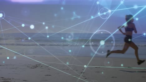 Animation-of-network-lines-connecting-dots-against-young-caucasian-woman-running-at-beach