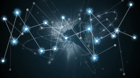 Animation-of-network-of-connections-with-glowing-spots-over-globe-on-black-background